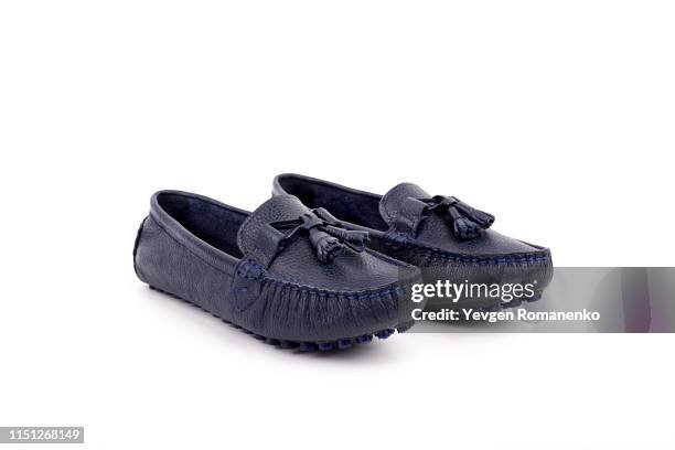 blue leather female moccasins isolated on white background - moccasin stock pictures, royalty-free photos & images