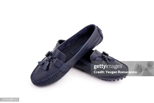 blue leather female moccasins isolated on white background - blue shoe stock pictures, royalty-free photos & images