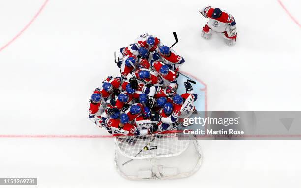 Patrik Bartosak, goaltender of Czech Republic celebrate with his team mates after the 2019 IIHF Ice Hockey World Championship Slovakia quarter final...