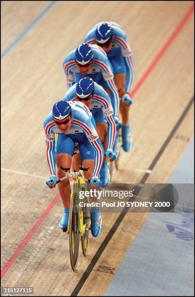 Sydney Olympics: Cycling track-men's team pursuit final in Sydney, Australia on September 19, 2000 - French team :Ermenault philippe,Bos...