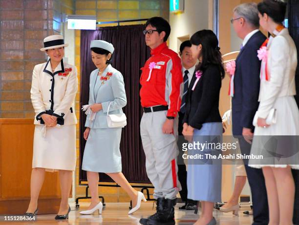 Empress Masako and Crown Princess Kiko of Akishino are seen after the Japan Red Cross Society annual meeting, her first solo official duty, at the...