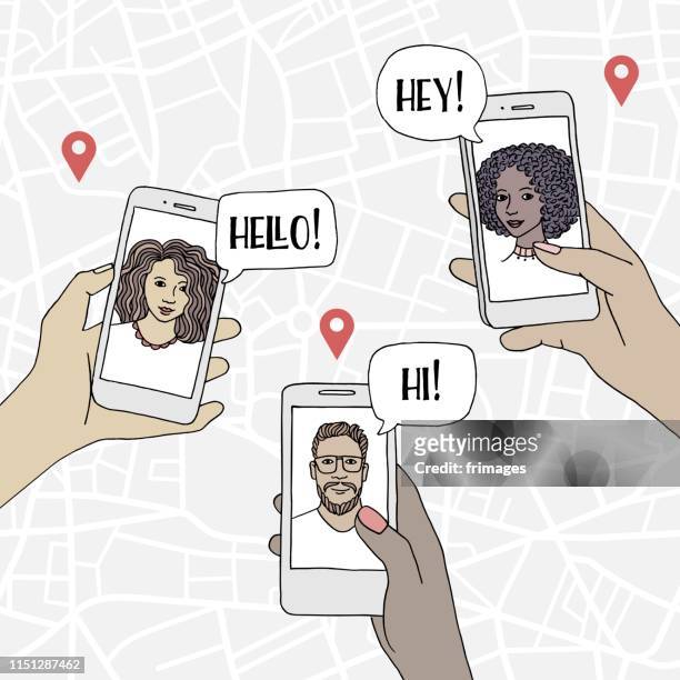 Diverse people holding their smartphone and chatting