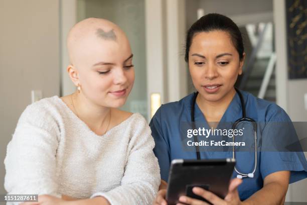 mujer adulta con enfermera durante la visita de cuidados domiciliarias - alopecia fotografías e imágenes de stock
