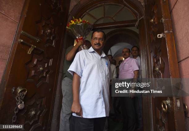 Delhi Chief Minister Arvind Kejriwal arrives for a meeting with Prime Minister Narendra Modi at Parliament House on June 21, 2019 in New Delhi, India.