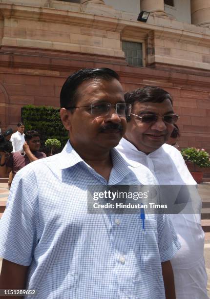 Delhi Chief Minister Arvind Kejriwal leaves after a meeting with Prime Minister Narendra Modi at Parliament House on June 21, 2019 in New Delhi,...