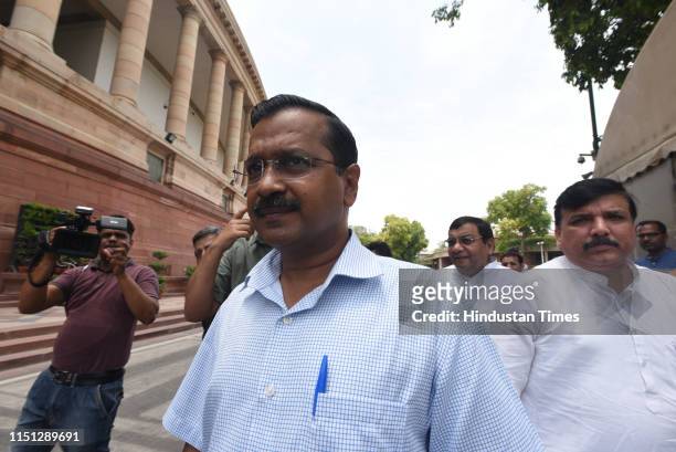 Delhi Chief Minister Arvind Kejriwal leaves after a meeting with Prime Minister Narendra Modi at Parliament House on June 21, 2019 in New Delhi,...