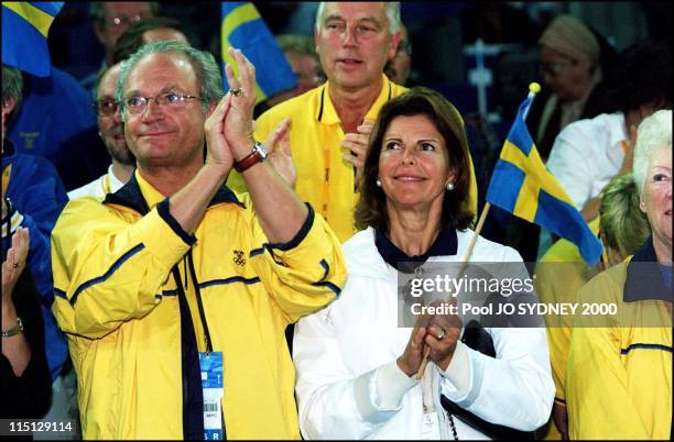 Queen Silvia and King Carl Gustav of Sweden attend men's wrestling 97 kgs in Sydney, Australia on September 26, 2000.