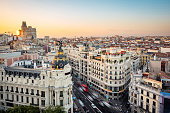 Madrid, Spain, Sunset Over Madrid Cityscape Showing Landmark Buildings on Gran Via Street