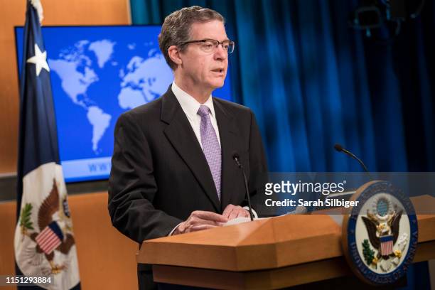 Ambassador-at-Large for International Religious Freedom, Sam Brownback, delivers remarks following a briefing from U.S. Secretary of State Mike...