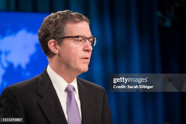 Ambassador-at-Large for International Religious Freedom, Sam Brownback, delivers remarks following a briefing from U.S. Secretary of State Mike...