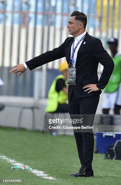 Matei Mirel Radoi head coach of Romania gestures during the 2019 UEFA U-21 Group C match between England and Romania at Dino Manuzzi Stadium on June...