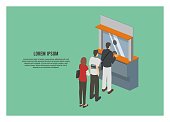 queue of people in front of a ticket box simple illustration in isometric view
