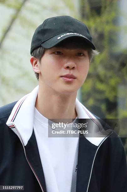 Group member Kim Seok-jin shot before rehearsals for KBS 2TV's "Music Bank" at KBS' new hall in Yeouido, Seoul, on April 19, 2019 in Seoul, South...