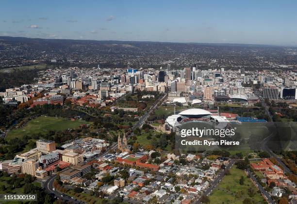 An aerial view of Adelaide CBD and Adelaide Oval on May 14, 2019 in Adelaide, Australia.