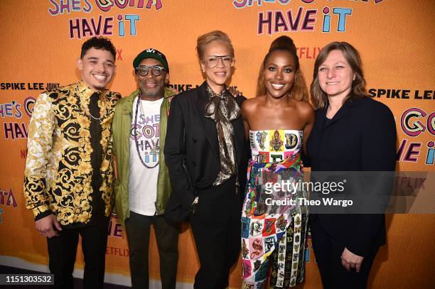 Anthony Ramos, Spike Lee, Tonya Lee Lewis, DeWanda Wise and Cindy Holland attend the "She's Gotta Have It" Season 2 Premiere at Alamo Drafthouse on...