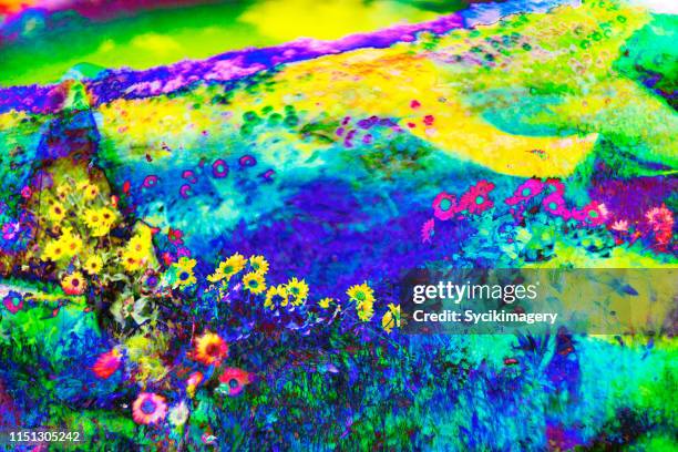 surreal, psychedelic wildflower meadow landscape - psykedelisk bildbanksfoton och bilder