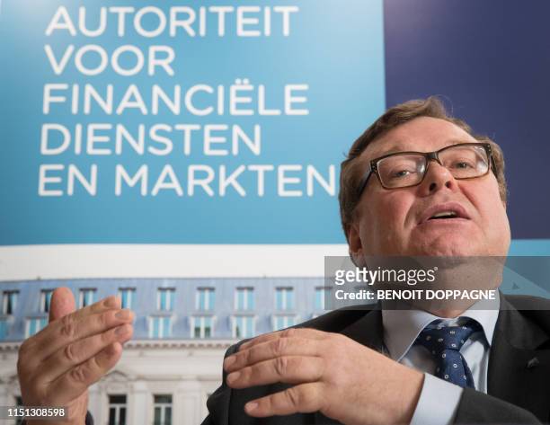 Chairman Jean-Paul Servais talks during a press conference of FSMA Financial Services and Markets Authority to present the 2018 report, in Brussels,...
