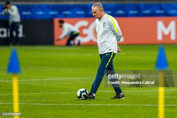 Coach Tite of Brazil walks during official training session as part of the Copa America Brazil 2019 at Corinthians Arena on June 21, 2019 in Sao...