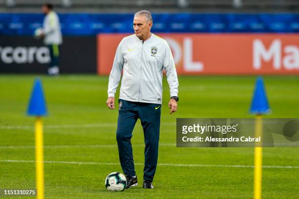 Coach Tite of Brazil looks on during official training session as part of the Copa America Brazil 2019 at Corinthians Arena on June 21, 2019 in Sao...
