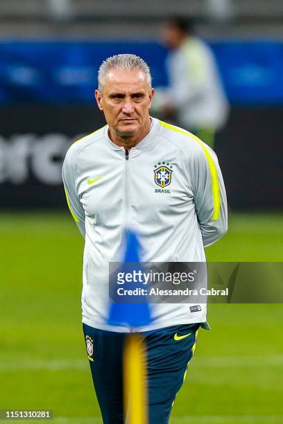 Coach Tite of Brazil looks on during official training session as part of the Copa America Brazil 2019 at Corinthians Arena on June 21, 2019 in Sao...