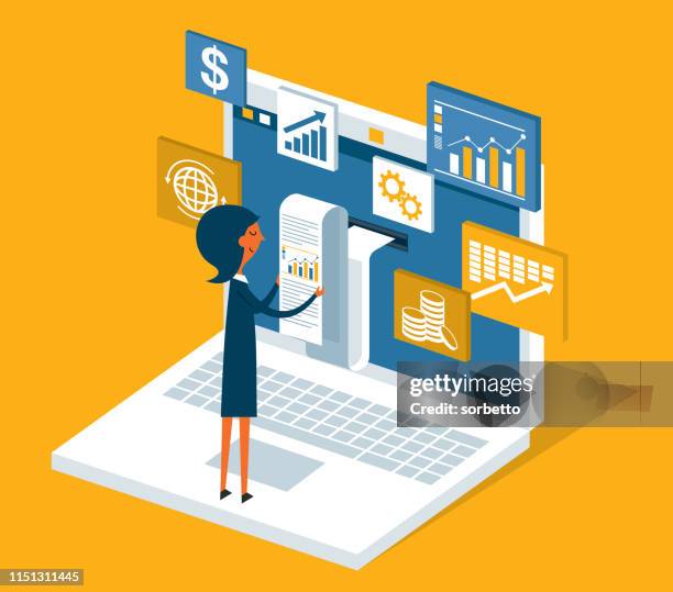 financial billing data - businesswoman - crisis stock illustrations