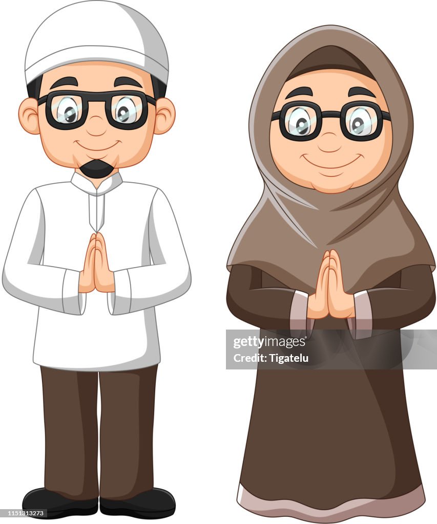 Cartoon Muslim Revert Cartoon Old Muslim Couple On White Background High-Res Vector Graphic ...