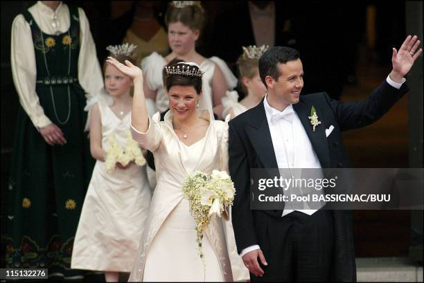 Wedding of Princess Martha Louise and Ari Behn in Trondheim, Norway on May 24, 2002 - Martha Louise and Ari Behn after the ceremony leaves the...