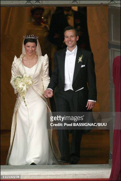 Wedding of Princess Martha Louise and Ari Behn in Trondheim, Norway on May 24, 2002 - Martha Louise and Ari Behn after the ceremony leaves the...