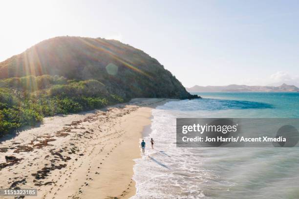 aerial view of couple walking along beach - aerial beach people stockfoto's en -beelden