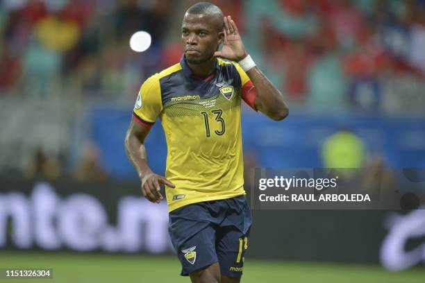 Ecuador's Enner Valencia celebrates after scoring a penalty against Chile during their Copa America football tournament group match at the Fonte Nova...