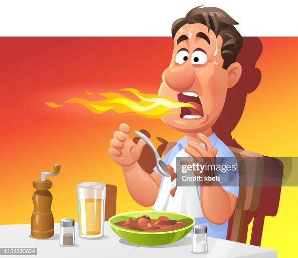 ilustrações de stock, clip art, desenhos animados e ícones de man eating spicy dinner - uncomfortable