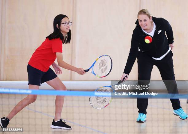 Former world No.4 tennis player, Jelena Dokic of Australia, teaches tennis to students from St Joseph’s Catholic Primary School in Springvale during...