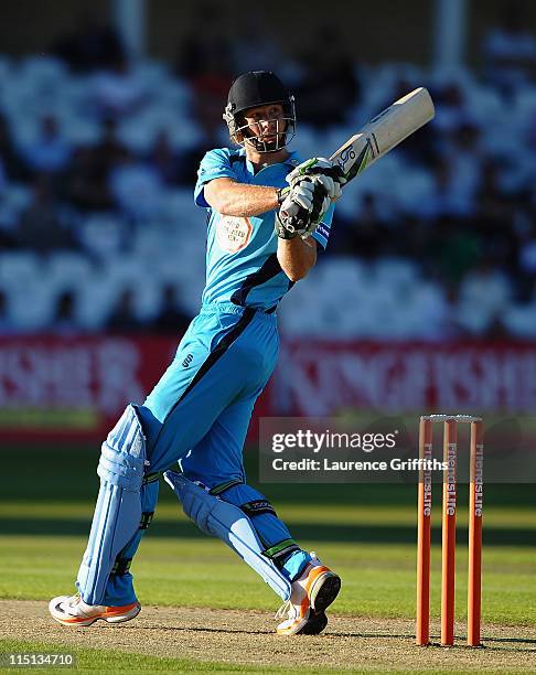 Martin Guptill of Derbyshire hits out during the Friends Life T20 match betwwen Nottinghamshire Outlaws and Derbyshire Falcons at Trent Bridge on...
