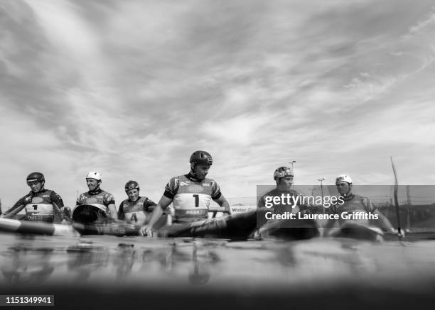 L-r Mallory Franklin, David Florence, Fiona Pennie, Ryan Westley, Joe Clarke and Bradley Forbes of Great Britain relax in the water during a British...