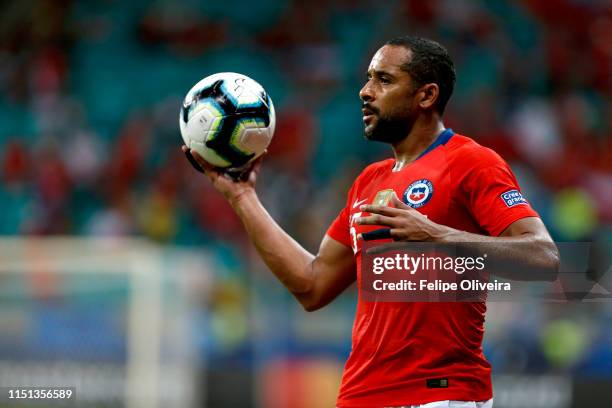 Jean Beausejour of Chile reacts during the Copa America Brazil 2019 group C match between Ecuador and Chile at Arena Fonte Nova Stadium on June 21,...