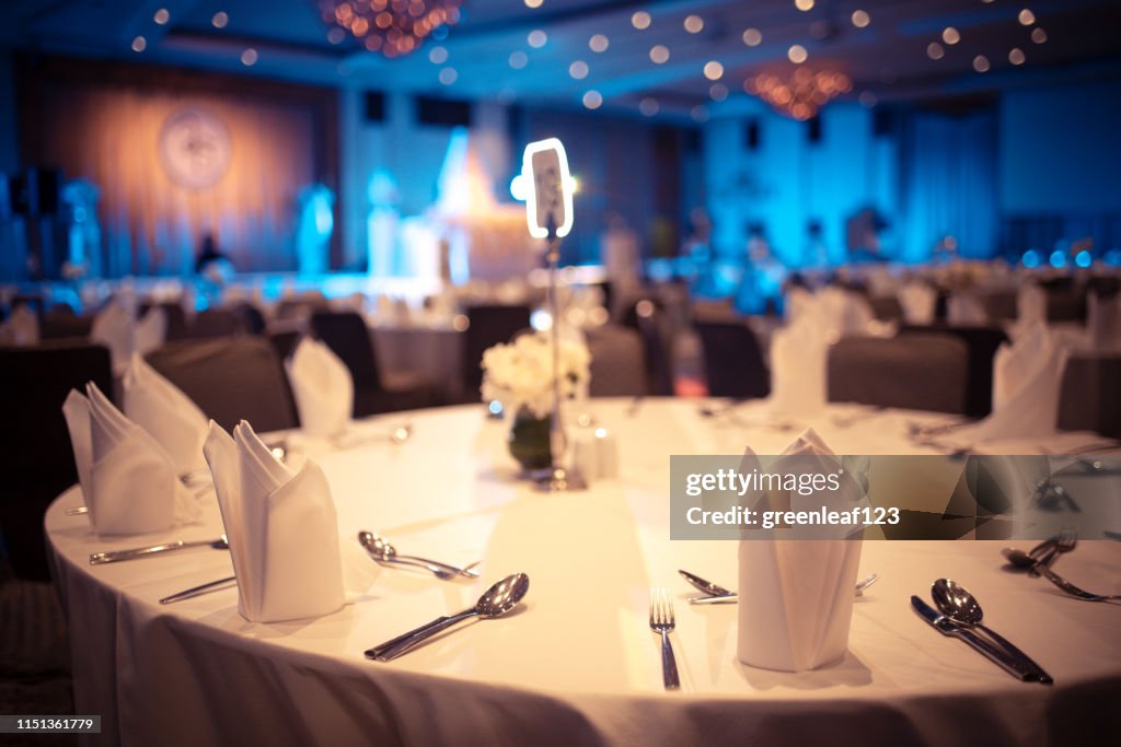 Luxury banquet hall in hotel, dinner table for special guests