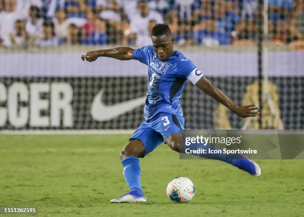 Honduras defender Maynor Figueroa crosses the ball across the pitch during the CONCACAF Gold Cup Group C match between Honduras and Curaçao on June...
