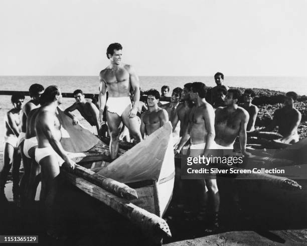 American actor and bodybuilder Steve Reeves as Phillipides in the film 'The Giant of Marathon', aka 'La battaglia di Maratona', 1959.