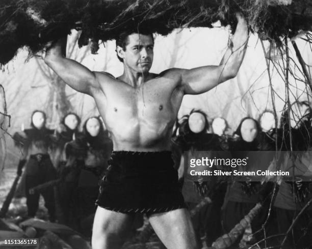 American actor Gordon Scott as the hero of the Italian film 'Maciste contro il vampiro', aka 'Goliath and the Vampires', 1961.