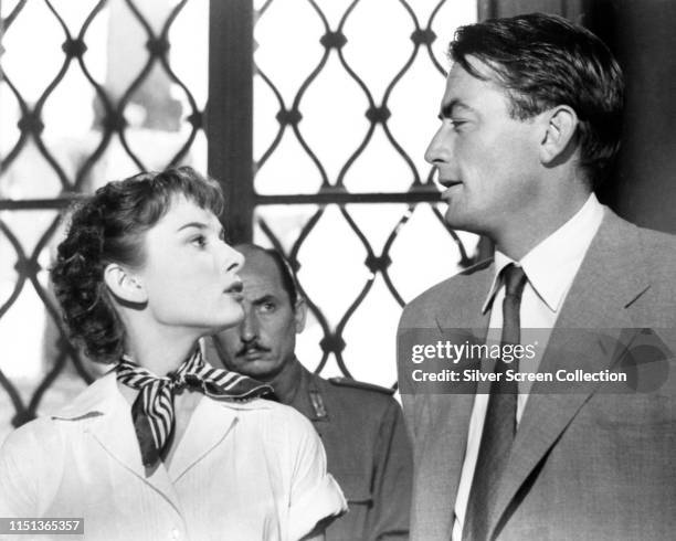 Actors Gregory Peck as Joe Bradley and Audrey Hepburn as Princess Ann in the film 'Roman Holiday', 1953.