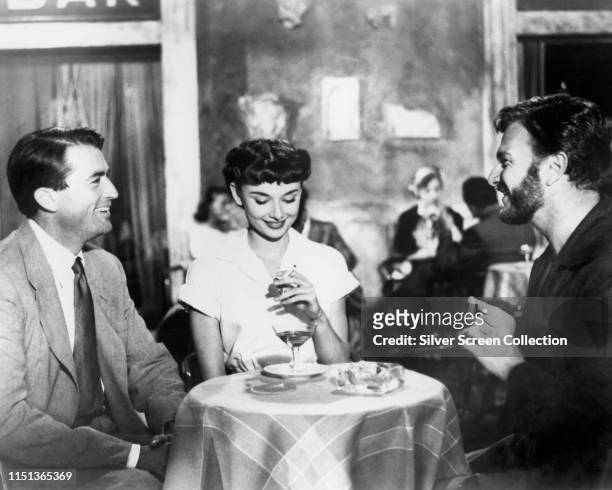 From left to right actors Gregory Peck as Joe Bradley, Audrey Hepburn as Princess Ann and Eddie Albert as Irving Radovich in the film 'Roman...