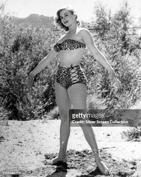 Swedish actress Anita Ekberg wearing a leopard print bikini, circa 1955.