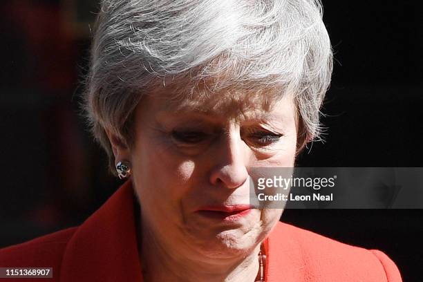 Prime Minister Theresa May makes a statement outside 10 Downing Street on May 24, 2019 in London, England. The prime minister has announced that she...