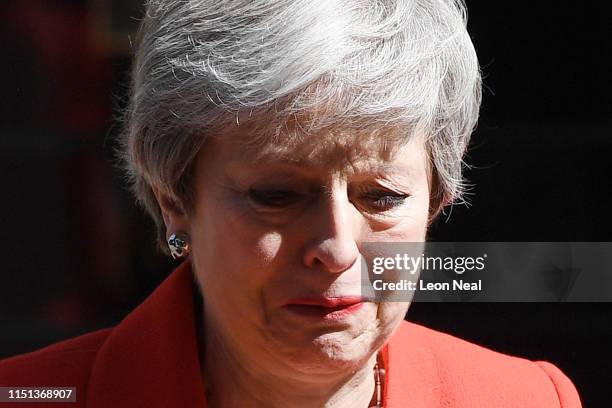 Prime Minister Theresa May makes a statement outside 10 Downing Street on May 24, 2019 in London, England. The prime minister has announced that she...