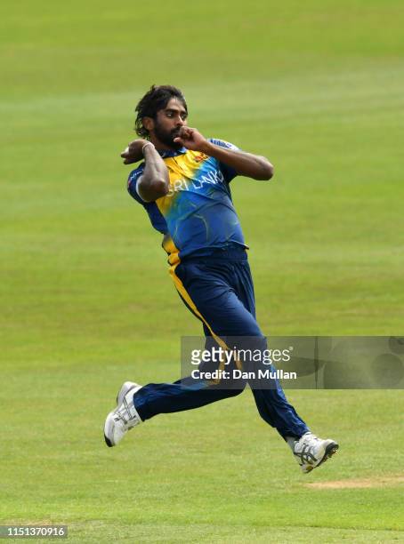 Nuwan Pradeep of Sri Lanka bowls during the ICC Cricket World Cup 2019 Warm Up match between Sri Lanka and South Africa at Cardiff Wales Stadium on...