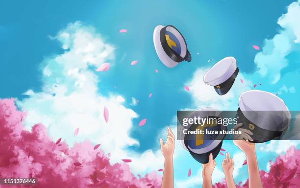 swedish graduation caps and cherry blossom in the air - graduation sweden stock illustrations