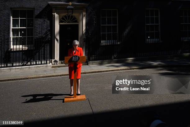 Prime Minister Theresa May makes a statement outside 10 Downing Street on May 24, 2019 in London, England. The prime minister has announced that she...