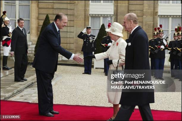 Queen Elizabeth II of Britain on 3-day visit in France to mark the centennial of the "Entente Cordiale" : Arrival at the Elysee palace in Paris,...