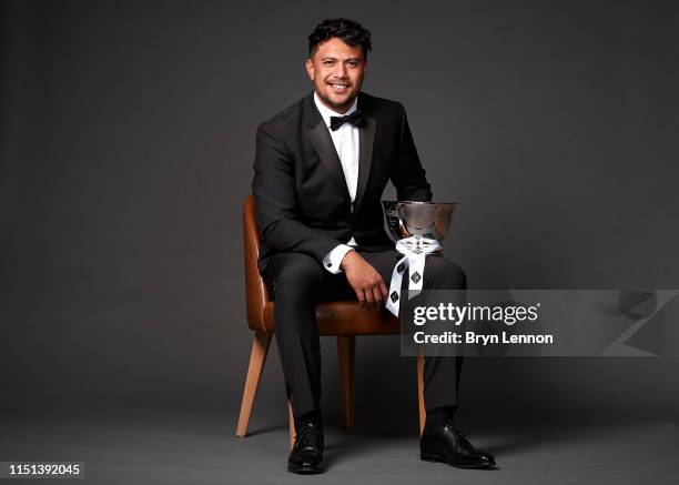 Denny Solomona of Sale Shark won the Top Try Scorer award during the Gallagher Premiership Rugby Awards 2019 at Royal Lancaster Hotel on May 22, 2019...