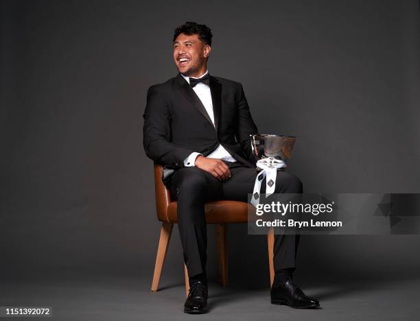 Denny Solomona of Sale Shark won the Top Try Scorer award during the Gallagher Premiership Rugby Awards 2019 at Royal Lancaster Hotel on May 22, 2019...